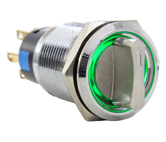Chave Seletora Antivandalismo Iluminada 3 Posições Fixas 45º 19mm - 12VCA/VCC - Verde - 2 REV