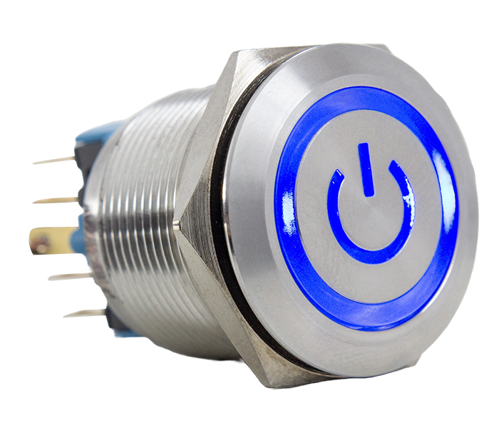 Botão Antivandalismo Iluminado Retentivo 22mm com Legenda - 24VCA/VCC - Azul - 1NA+1NF