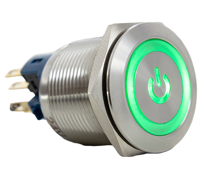 Botão Antivandalismo Iluminado Retentivo 22mm com Legenda - 24VCA/VCC - Verde - 1NA+1NF
