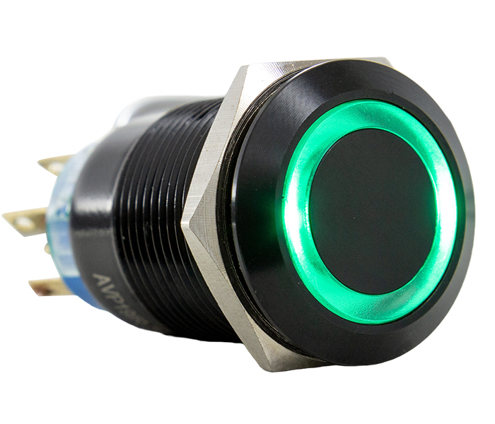 Botão Antivandalismo Iluminado Preto 19mm - 220VCA - Verde - 2 REV