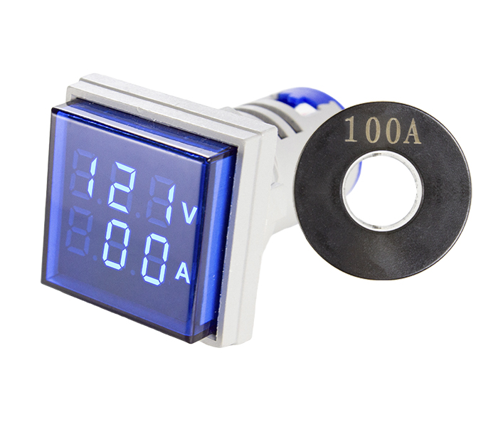Indicador Digital Quadrado de Tensão e Corrente 0-100A 22mm - 50/500VCA - Azul