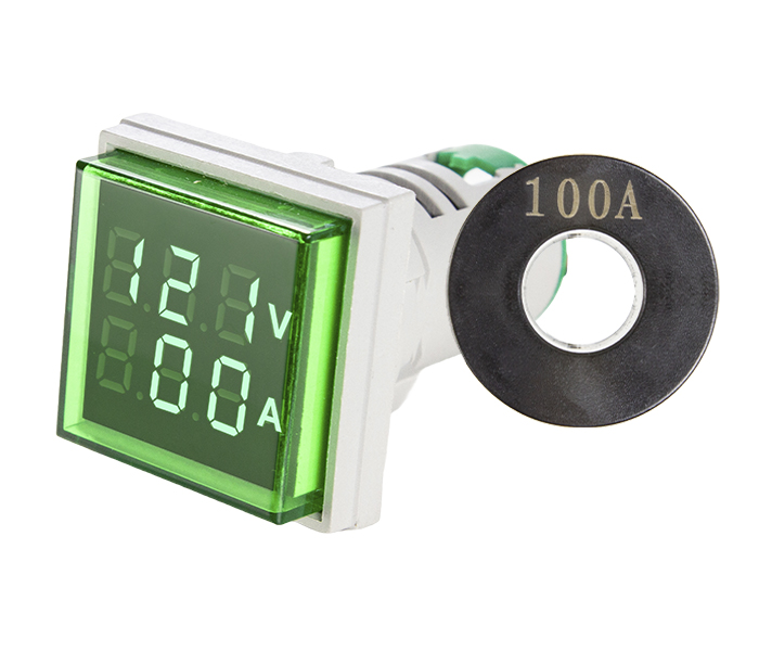 Indicador Digital Quadrado de Tensão e Corrente 0-100A 22mm - 50/500VCA - Verde