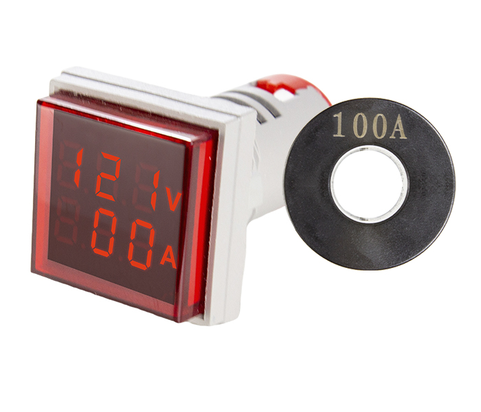 Indicador Digital Quadrado de Tensão e Corrente 0-100A 22mm - 50/500VCA - Vermelho