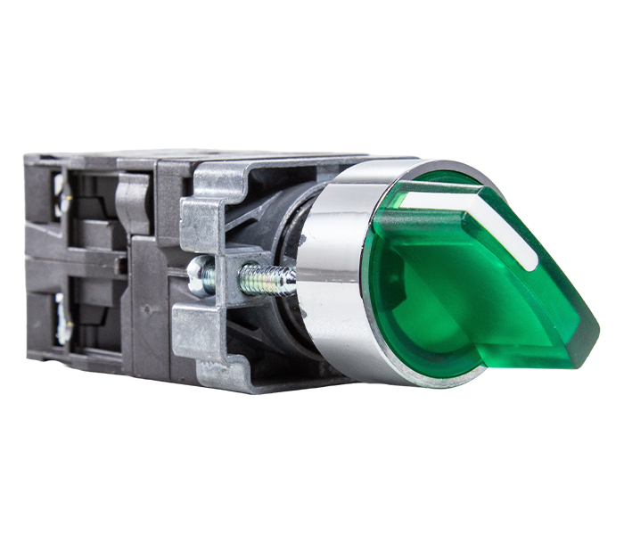 Chave Seletora Iluminada Knob Curto 3 Posições Fixas 45º 22mm - 220VCA - Verde - 2NA