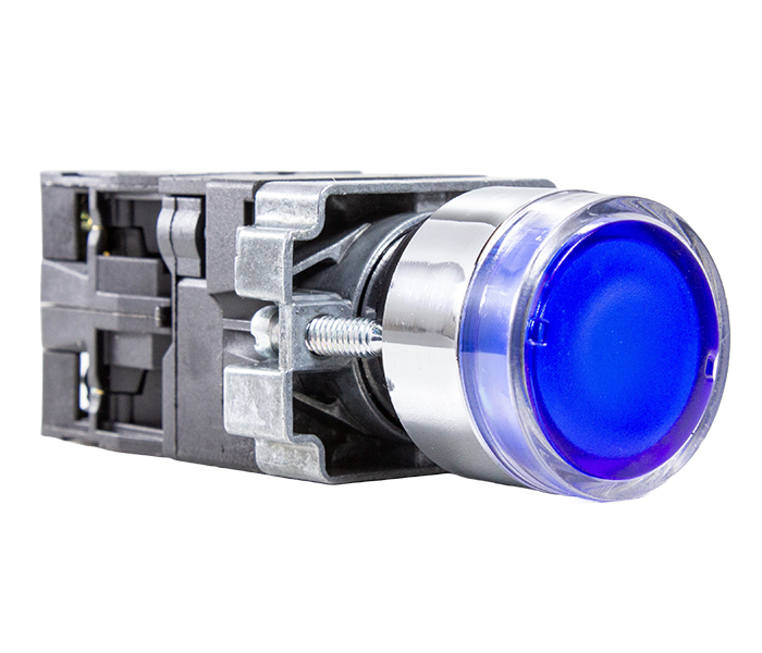 Botão Pulsador Iluminado Metálico 22mm - 220VCA - Azul - 1NA+1NF