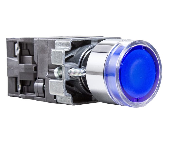Botão Pulsador Iluminado Metálico 22mm - 24VCA/VCC - Azul - 1NA+1NF