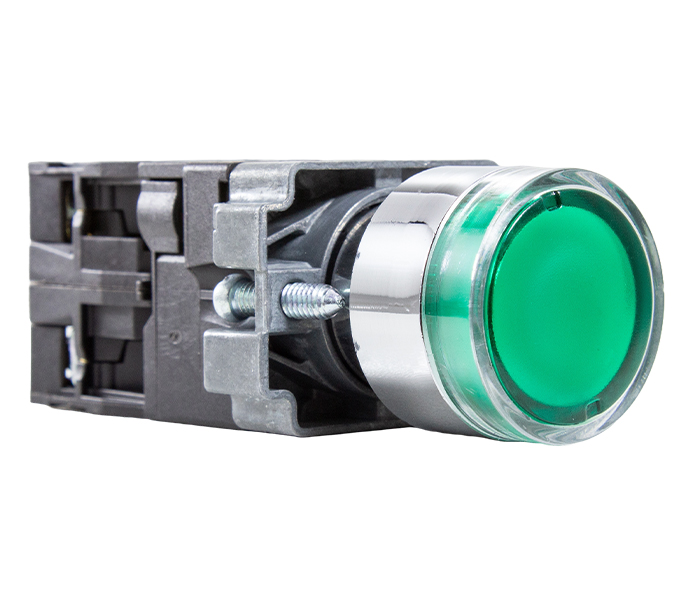Botão Pulsador Iluminado Metálico 22mm - 24VCA/VCC - Verde - 1NA+1NF