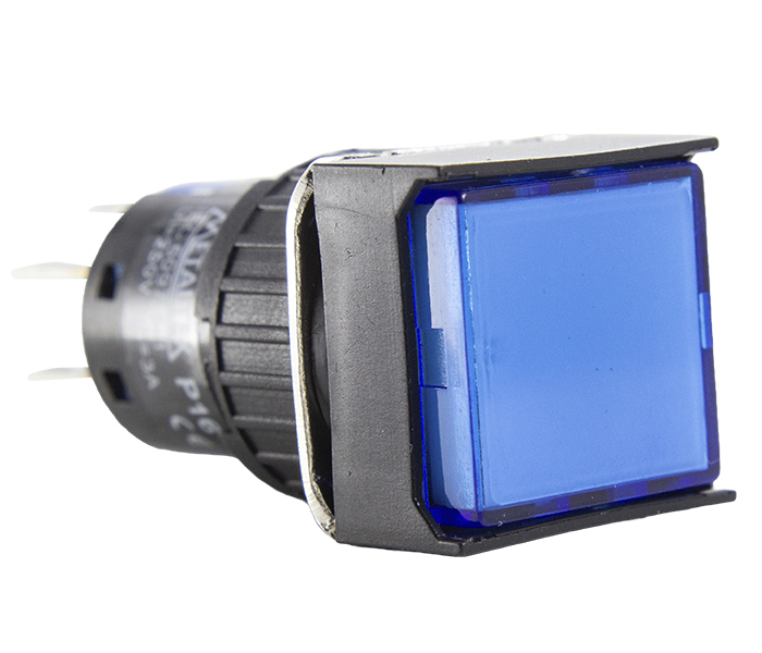 Botão Pulsador Iluminado Quadrado 16mm Momentâneo - 220VCA/VCC - Azul - 2 REV