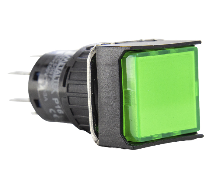 Botão Pulsador Iluminado Quadrado 16mm Alternado - 220VCA/VCC - Verde - 2 REV