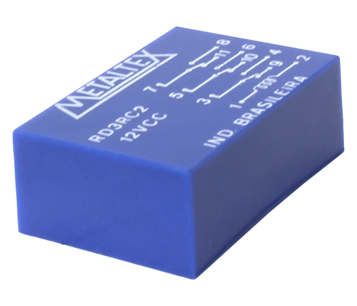 Relé Reed 3 REV - Bobina de 12VCC - Capacidade de 0,250A - Potência 3W - Comutação de 175V - Rigidez Dielétrica de 2KVCA