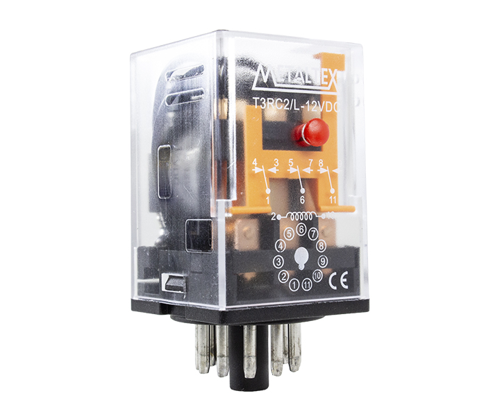 Relé Industrial 3 REV - Bobina de 12VCC - Capacidade 10A - 11 Pinos Plug-in - com Indicador Luminoso