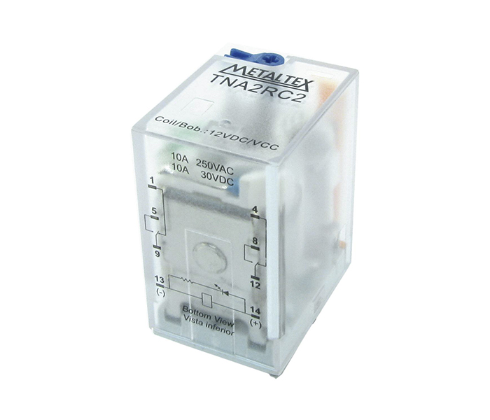 Relé Industrial Subminiatura 2 REV - Bobina de 12VCC - Capacidade 10A - Terminais Solda Fio