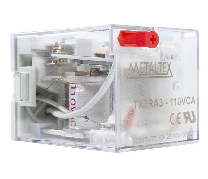 Relé Industrial com LED 3 REV - Bobina de 110VCA - Capacidade 10A - 11 Pinos Plug-in - Indicador Mecânico e Botão de Teste Bloqueável