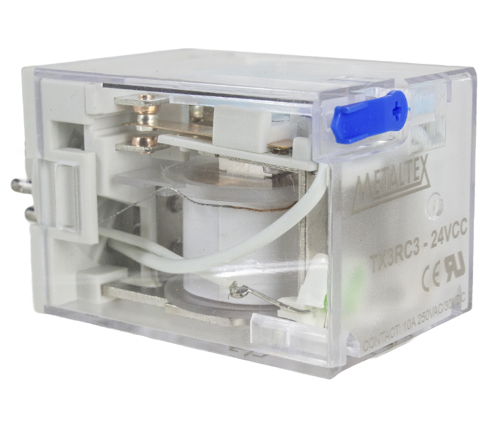 Relé Industrial com LED 3 REV - Bobina de 24VCC - Capacidade 10A - 11 Pinos Plug-in - Indicador Mecânico e Botão de Teste Bloqueável