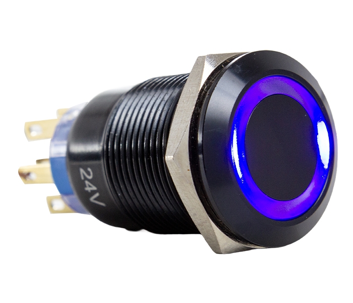 Botão Antivandalismo Iluminado Preto 19mm - 24VCC/VCA - Azul - 2 REV